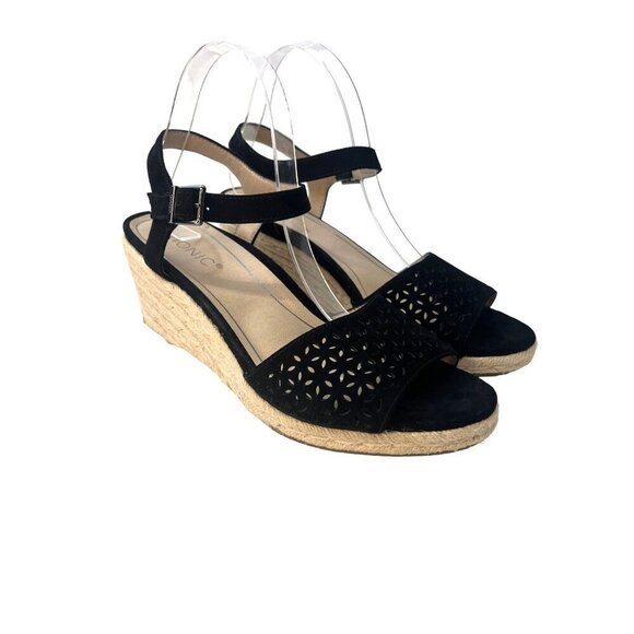 Vionic Womens Ariel Wedge Sandal Black Size 10M Suede Leather - Picture 1 of 15